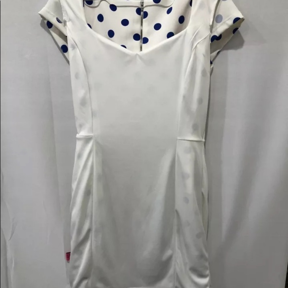 Betsey Johnson ivory and blue polka dot peplum drs - Picture 5 of 7
